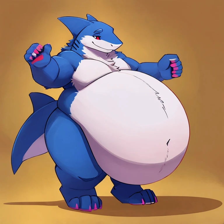 Fat, obese, gluttonous blue shark girl, big breasts, thick thighs, smile, angry,