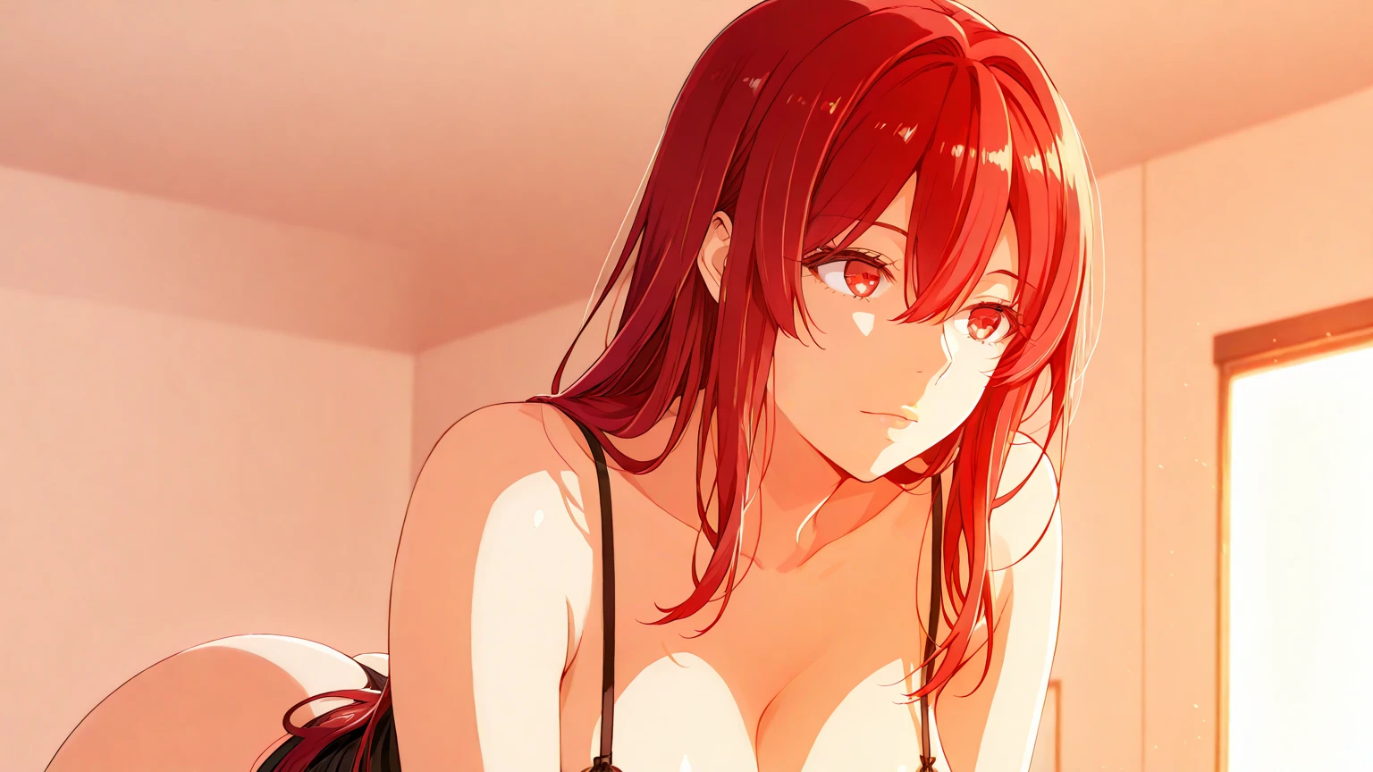 (extremely detailed CG unity 8k wallpaper), (masterpiece), (best quality), (ultra-detailed), (best illustration), (best shadow), (absurdres), 1girl, solo, pefrect face, perfect eyes, shining breasts, close the camera perky tits, vivid colors, cleavage, vivid, huge breasts,  seductive smile, red black lace bra, red black lace panties, red black lingerie, cameltoe, no clothes, only lingerie,makima, long hair, smile, bangs, (small breasts:1.2), (yellow eyes:1.2), braid, red hair, braided ponytail, ringed eyes, standing, 