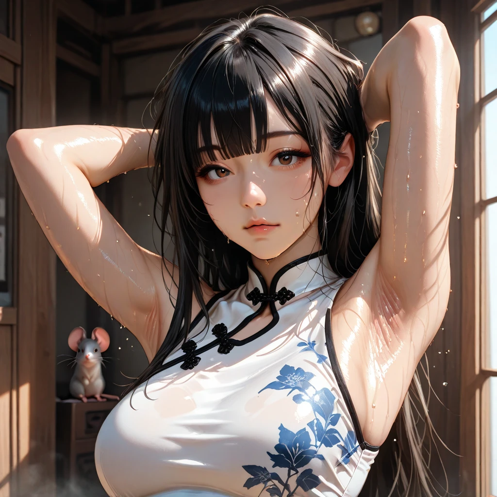 ((masterpiece,Highest quality:1.3,best quality illustration)),(realistic),having clothed sex,man on top,cowboy shot,独奏,1woman,(18 year old beauty),black hair,long hair,bangs,black eyes,gorgeous big eyes,((very small head:1.3)),shy,tears,((very long body:1.2,skinny)),medium breasts,(turtleneck、Long sleeve white knit top、Grey checked mini skirt、white_thighhighs),sweat,gleaming skin,toned body,slender body,lying,on back,spread legs,grass、garden,World of Blade Runner、nsfw,