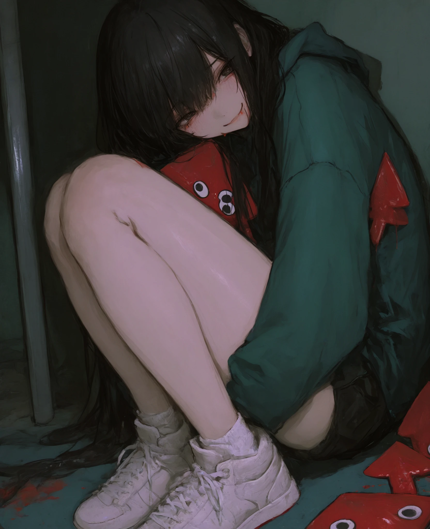 Mr. Takagi, black hair, long hair up to the waist, small underwear, white underwear, tense underwear, underwear, wet underwear, small breasts, crying face, crying, drooling, scared, sitting on the floor, showing off with crotch, skin wet with sweat, ruins, ((a large amount of used condoms on the floor)), (chained, arms raised, folded behind the head)), minuscule sailor suit