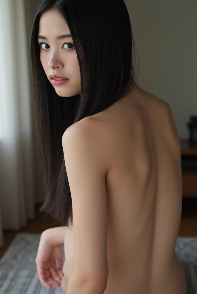 Highest quality,Photo quality,Ultra-high resolution, girl, 18-year-old, Japanese, Fair skin, Beautiful Skin, Black Hair, naked, On all fours, Butt, From the back, Turn your back