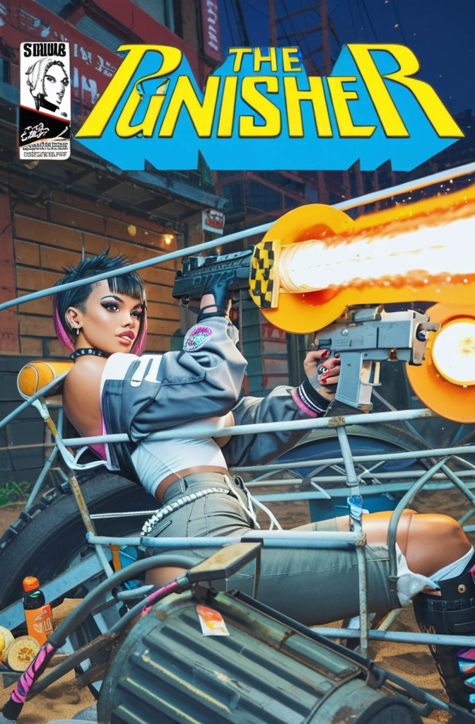 Asian Girl Rapper, sexy, deep cleavage, downblouse, bending over, top view, cute, dress, super pretty, face_tattoos, action, fire, cartoon, Album cover, "TRAP HOUSE", Letters say TRAP HOUSE, Album Cover, dark, full body, comic style, gangster, tech wear outfit, dynamic