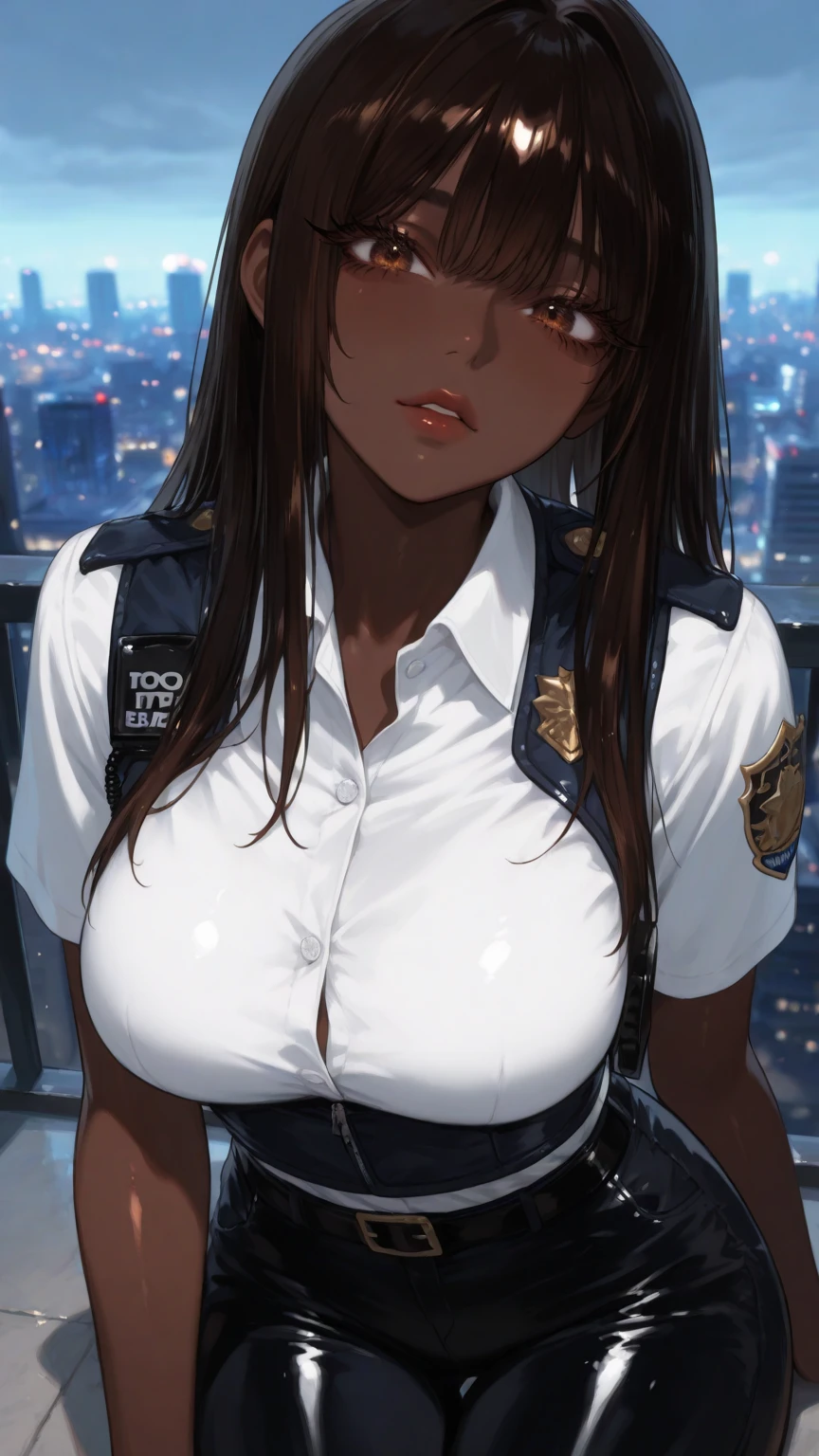 a dark-skinned girl in a police uniform, large breasts, cleavage, smug smile, handcuffs on waist