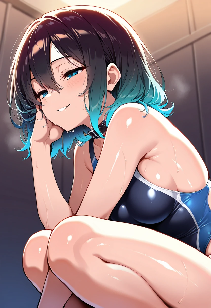 18 year old black man, Dark Skin、Visible nipples、Berry Short、boyish、small size of breasts, Flat Chest、Sidelim body, Squat posture、Spread your legs, Spread your legs, Only one girl, One piece swimsuit、Navy blue school swimsuit、Front of body、looking at the camera、Screaming、Angry、Shame play、Glaring、Embarrassing、Are crying、Flowing Tears、Closed Mouth、barefoot、incontinence、Girl urinating indoors、Armpits、Hands behind head