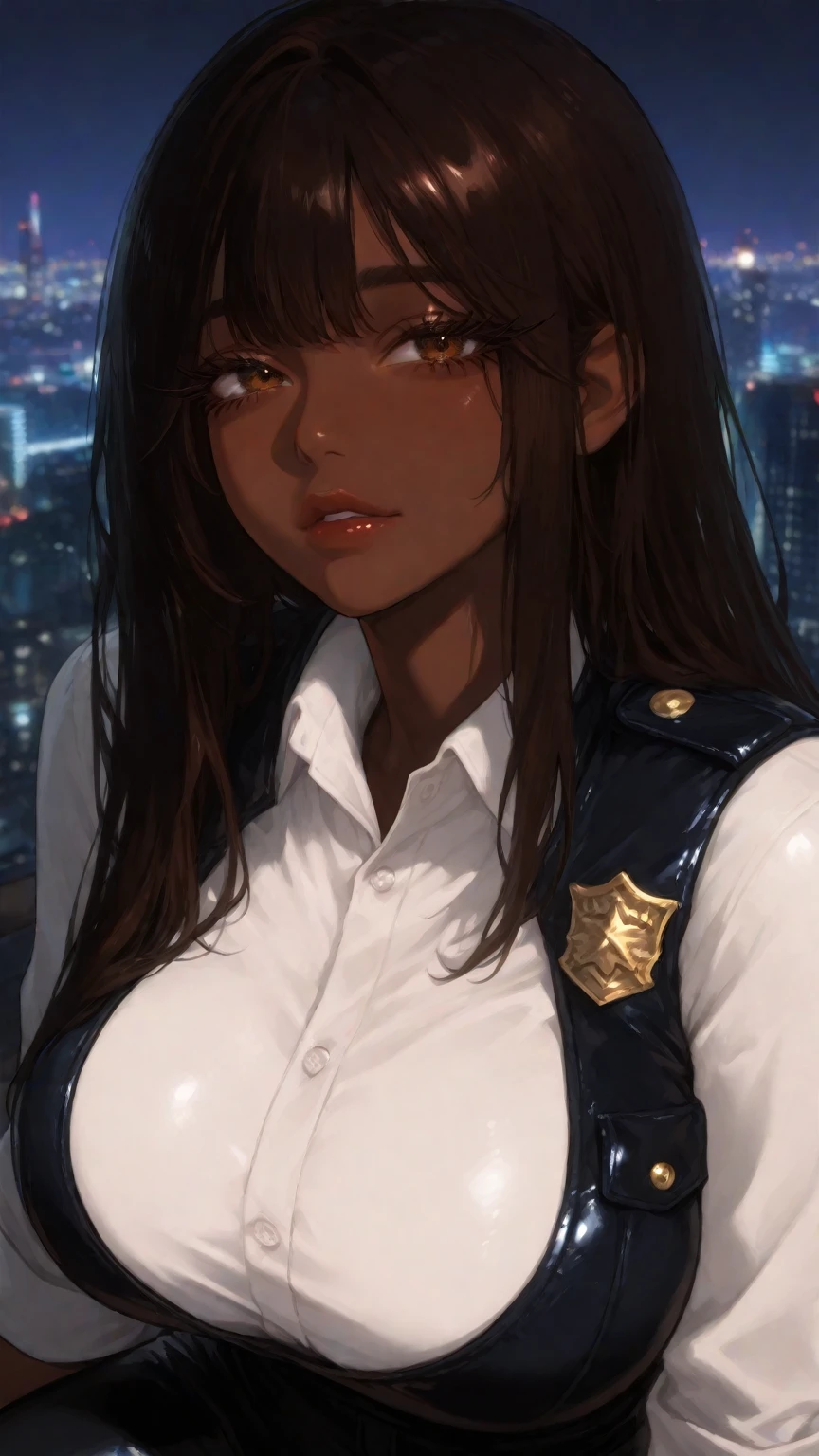 score_9, score_8_up, score_7_up, score_6_up, score_5_up, score_4_up, BREAK source_furry, source_anthro, source_anime, rating_safety, 
1 girl, (dark skin:1.2), shy, cute, cold expression, (8k, RAW photo, best quality, masterpiece:1.2) ultra-detailed, Super detailed, vivid colors, studio lighting, portrait, white coloured eyes, Night clouds background, Aesthetic, romantic, Luna, wearing goth collar, black hair, unbuttoned shirt revealing her chest