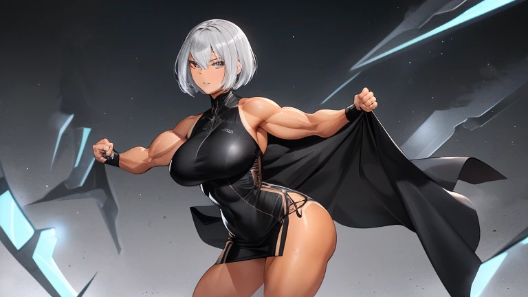 (((masterpiece、Highest image quality、highest quality、highly detailed unity 8kwallpaper)))、((Illustration of one girl))、(((beautiful girl、Brave)))、((white hair、very short hair、light blue eyes))、(stocky build, thickset physique, muscular legs, broad shoulders, solid chest)、Longsword