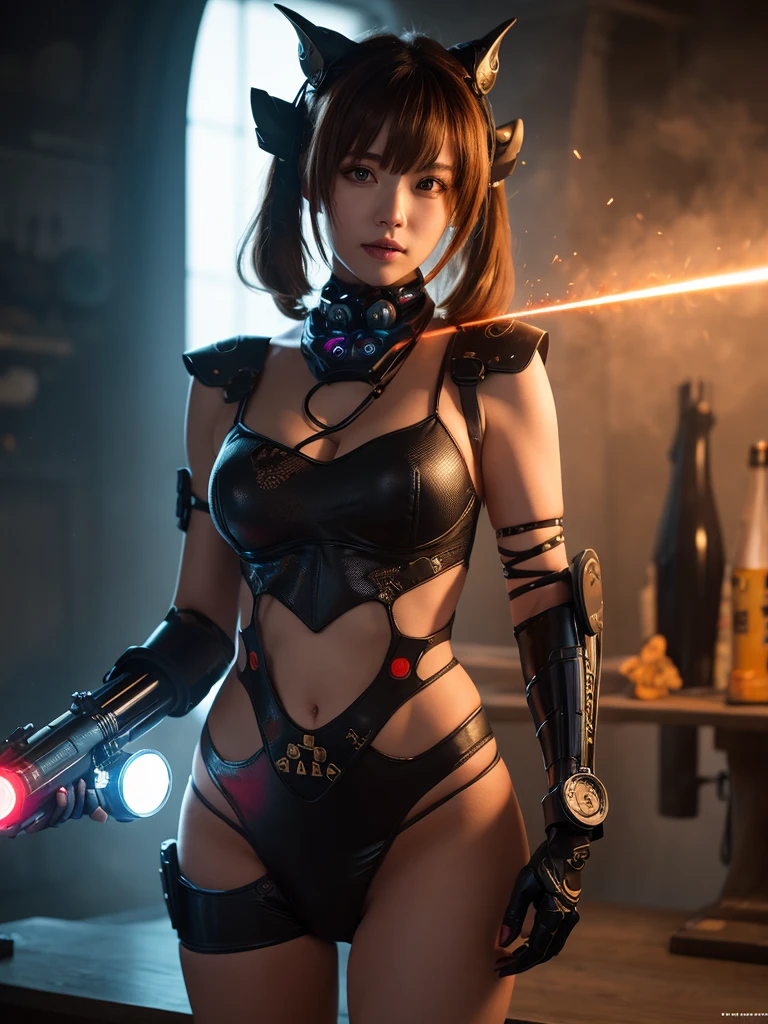 Highest quality, masterpiece, The finer details, Very delicate 8k wallpaper, (1 Beautiful Machine Girl), (Beautiful Eyes), Long eyelashes, Compensate, Short Hair, Pink Lips, Five mechanical finger joints, Mechanical Hand, Mechanical legs: 1.1), colorful, (Flying sparks), (Exoskeleton Leotard), garter belt, (Exposed lower chest, Exposed thighs: 1.2), (Neck and shoulders connected by power supply and many colorful cables:1.5), (Mechanical Harrow), Cyberpunk City, Sitting