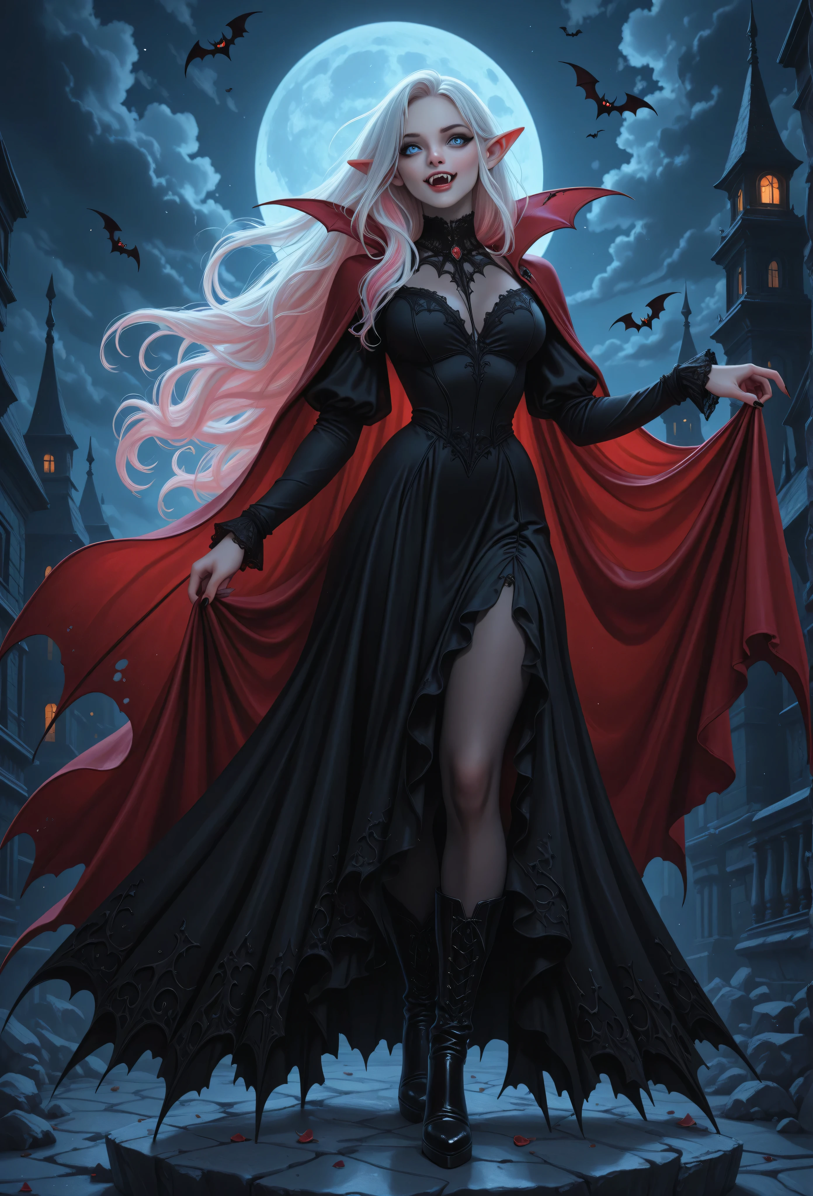 score_9, score_8_up, score_7_up, portrait of a vampire, elf (Masterpiece, best quality), ultra feminine, with a long curvy hair, light color hair, blue eyes, ((beautiful delicate face)), Ultra Detailed Face,vampiric fangs, red cloak , flowing cloak, wearing an intricate black dress, high heeled boots, fantasy art, gothic art, full body, best details, highly detailed, best quality, highres, fantasy urban background at night, moon light, clouds, gothic atmosphere, soft light, dynamic light, high details, best quality, 16k, ultra detailed, masterpiece, best quality, (extremely detailed), dynamic angle, vampire, fangs, 3DMM