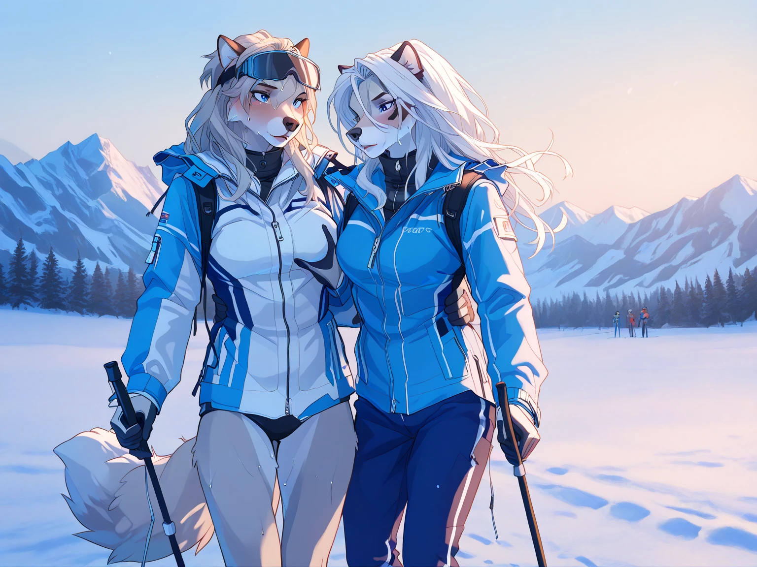 2 girls , full body picture, (girl standing sideways), big round butt, blond hair, blond catgirl ears, catgirls, cat tail, green eyes, snowboard, leaning on snowboard, slalom, winter jacket, furry lining, (fur lined thong), (fur lined warm coat), bikini underwear (fur lined bikini), godess, mistress, posing, beautiful, detailed skin, hour glass figure, revealing clothing, ski googless, detailed hands, perfect quality, good quality, masterpiece, HDD, UHD, ((light smile:1.1)),lustful gaze, smiling, snowy mountains, snowy trees, northern lights, winter. 
