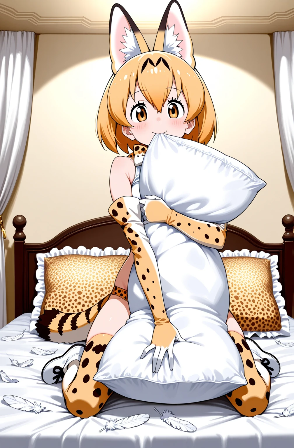 (masterpiece:1.2), hyper detail, best quality, (intricate_details:1.1),Anime detail,beautiful detailed, beautiful hair,short cut hair, solo, 1girl,Serval,(sweating:1.2),(steam:1.2),heavy breathing,steam,blush,from above,shoulder,cleavage,darkillumination,backlighting,large breasts,pov,lying on bed,armpit,BREAK (1boy,penis in vaginal:1.3),BREAK legwear, black bowtie,white sleeveless shirt, high-waist skirt,cum overflow:1.2)