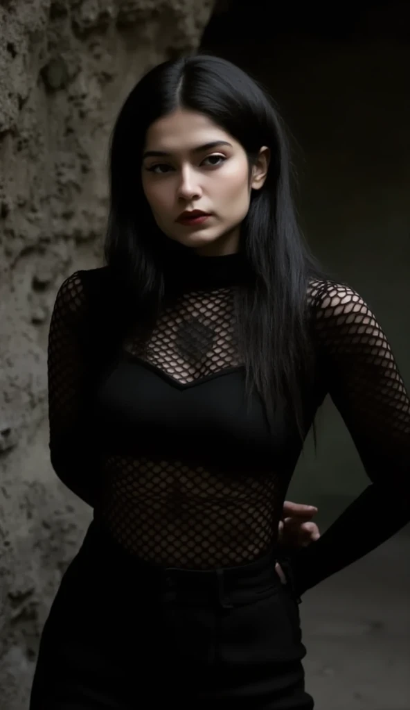 Create an incredibly realistic portrait of a gothic beauty with a busty figure. Enhance the image with detailed features and photorealistic rendering, capturing the essence of her dark and moody style. Accentuate her look with subtle piercings and dramatic smoky eye makeup, adding a hint of mystery. She wears a sleek black outfit that hugs her curves, exuding elegance and a touch of edge. Her expression is intense yet sensual, with a slight smirk. The lighting is soft and moody, creating shadows that enhance her features. This image showcases a true-to-life depiction of gothic glamour, blending darkness with a subtle allure.