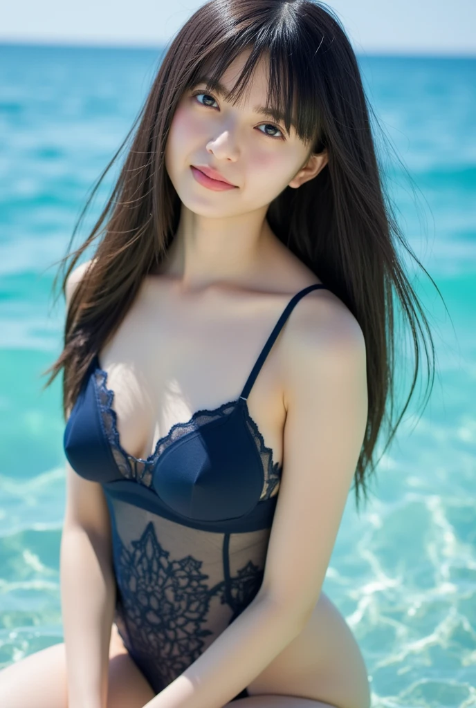 (((masterpiece, highest quality, Super detailed))), 1 female, (((very thin body))) , (((length, thin legs))), (((black long hair, thick and fluffy bangs ))), (((highly detailed face))), cosmetics free, Small, thin nose, small thin mouth, (((Very sharp focused eyes))),  Japanese,  beautiful face, smile,(lifelike face),  beautiful hairstyle, realistic eyes, fine and beautiful eyes, (real looking skin), beautiful skin, charm, ultra high resolution, surreal, high detail, golden ratio, (detail makeup:1.2),(Polka dot off-shoulder bikini:1.1),tropical beach,sun,Ocean,shot from behind,perfect limbs,dynamic pose