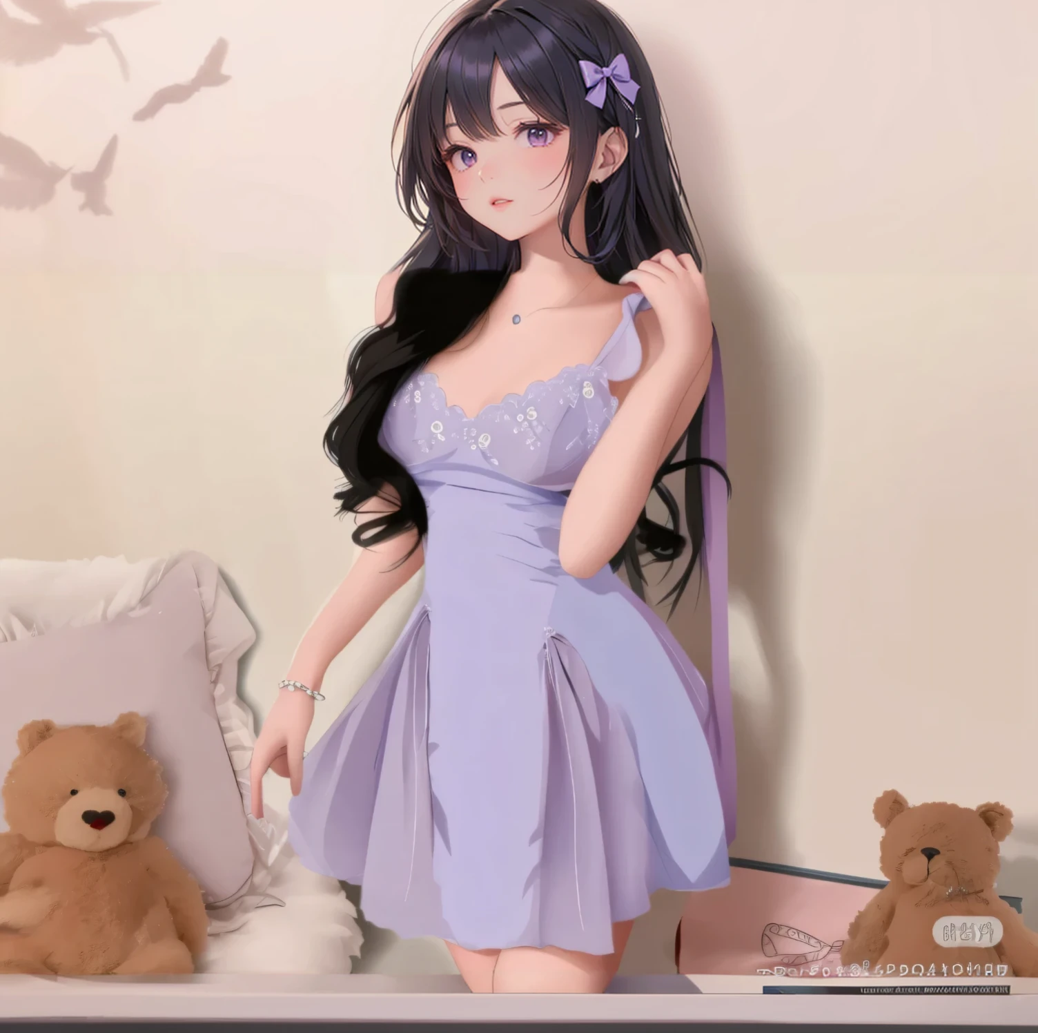 masterpiece,Ultra-high resolution、Highest quality、Hotel Rooms、Sexy pose、healthy、Light blue lace long dress：1.5、A wet light blue see-through dress covers plain navy blue panties、Delicate pink hair、ponytail:1.2, eyeliner、Eyes glowing pink, Shyness、Glossy Lips、Big earrings、Tilt your head、Model walking、Small breasts、the body is slim、Tight waist、Thin thighs