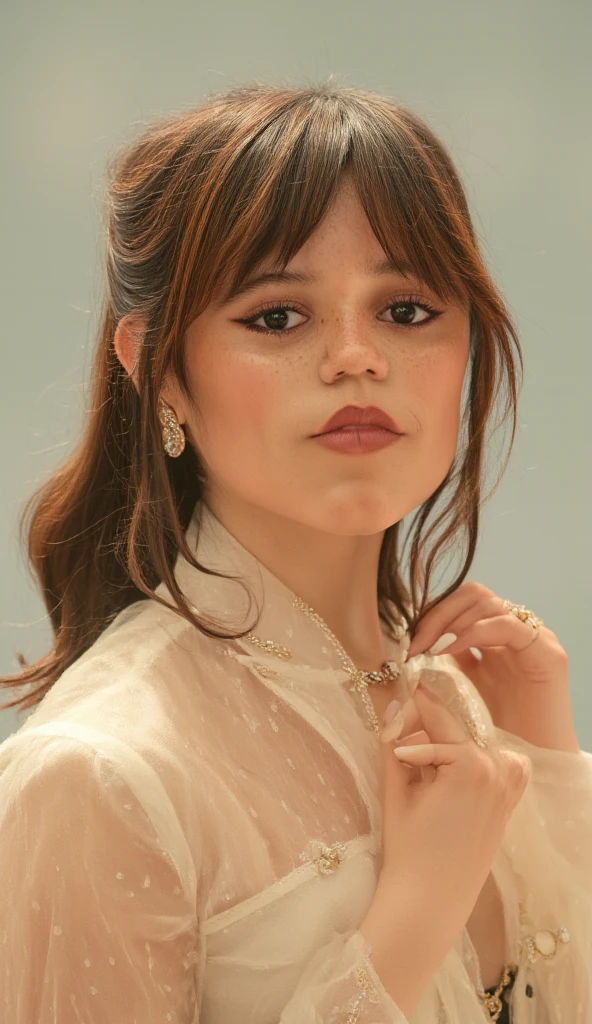 A photorealistic FHD portrait of a 21-year-old french girl like adele Exarchopoulos with long, flowing brown hair and striking brown eyes. She should have a natural, approchable expression. She is in a dimly lit jazz club with a smoky, intimate atmosphere. She wear a form-fitting, backless black dress with elegant, strappy heels. Sitting on a grand piano, legs crossed, with one hand resting on the keys. Looking over her shoulder with a sultry, enigmatic smile. Shot from a low angle, capturing the depth of the club and the glow of stage lights.