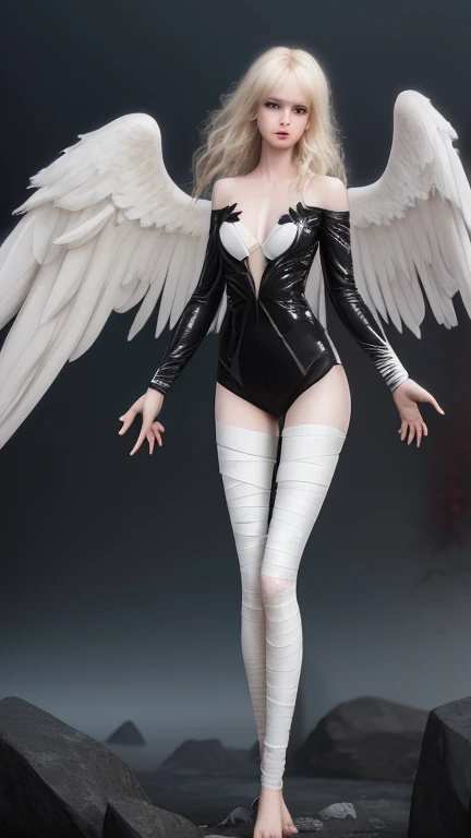 goth style，fallen Angel，wing，stand up，Asian Woman，Black short skirt，High heels，Hyper HD，High resolution，Saturation，Photorealistic，Realistic portraits