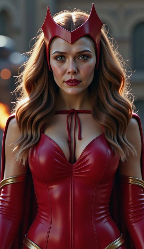 Scarlet Witch Played Elizabeth Moss, detailed eyes, scarlet witch costume, heavy physique, thick body, big Perky breast, big natural breast, thick hips, tight costumes, from Marvel Comics, fantasy setting, Dynamic poses, Marvel Universe Background, mysterious world background, Character concept, character art, Character portrait, tmasterpiece, beste-Qualit, best resolution, 8K