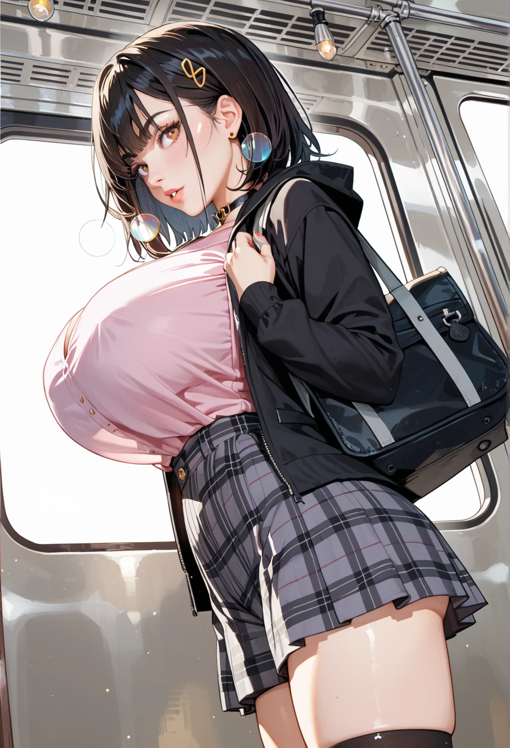 masutepiece, Best Quality,Illustration, Wallpaper, Ultra Detail,  A man in a suit standing behind a girl、Little Face Girl、(((molesting)))、ren　Detailed eyes, long, (fear:1.5)、(Teary-eyed:1.5)、Dark hair color、(((Cute underwear in red)))、(Sweaters、Kilted skirt)、plump bust star))、very Bigger breasts、Colossal tits、No bra、No panties、No panties、(((Highly detailed female genitalia shape)))、On the train、((A girl whose body is touched by men))、((A man flips up a skirt))