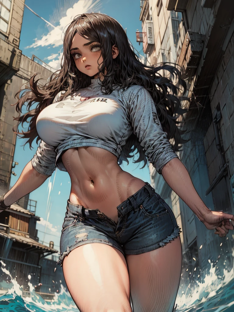 1female,22yo,deep cleavage, medium breas, Thin waist,slender legs,slender body, Pornographic exposure, solo,(Background with:ln the forest,the rainforest,In summer) She has shoulder long black hair,standing on her feet,Sweat profusely,seen from the front, hair straight, mostly cloudy sky,(((masterpiece),(Very detailed CG unity 8K wallpaper),best quality,cinematic lighting,detailed background,beautiful detailed eyes,Bright pupils,blue color eyes,red lips(Very fine and beautiful),(Beautiful and detailed eye description),ultra - detailed,masterpiece,)),facing at camera,(Full body photo),Show shoes,A high resolution,ultra - detailed),revealing breasts,Bare genitals, Lower body elevation,Raised sexy,Camel toes,Flushed complexion,Open-mouthed,frontage,baseball cap(Wearing:Red baseball jacket,Sexy denim shorts,Athletic Sneakers),full bodyesbian,Show shoes, seductive smile