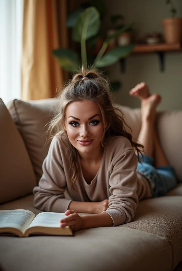 "A young woman with light blonde, wavy hair, styled in a relaxed, messy bun, lying on her stomach on a large, comfortable bed. She is reading a book, with her legs crossed at the ankles and feet playfully kicked up behind her. She’s wearing a soft, oversized sweater, and the room is softly lit with natural light coming from a nearby window. The setting is cozy and intimate, with a few pillows and a light blanket adding to the warm, comforting atmosphere