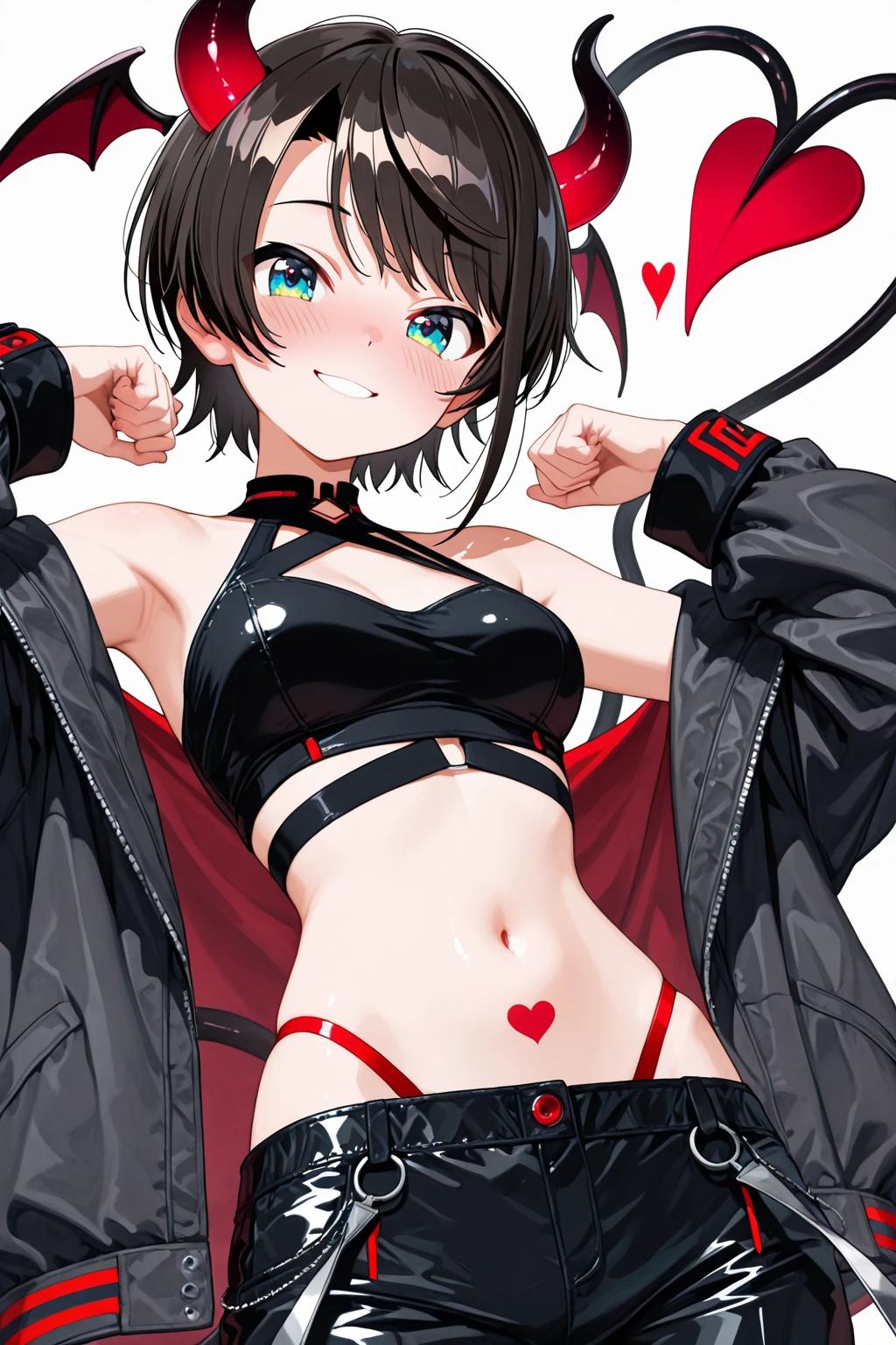 anime, young girl, standing, detailed body, detailed face, thigh up, slimy tongue, pale skin, (shadow cast on eyes, darkened eyes, red eyes), (shark teeth, grin, smirk, evilish grin, mischevious smile), (short hair, brown hair, fancy haircut), tatto of flame on right cheek, girl is wearing casual outfit, red hoodie with black stripes, white t-shirt with skull print, bare shoulders, beautiful legs, denim shorts, metal watch, hands is hidden, solo