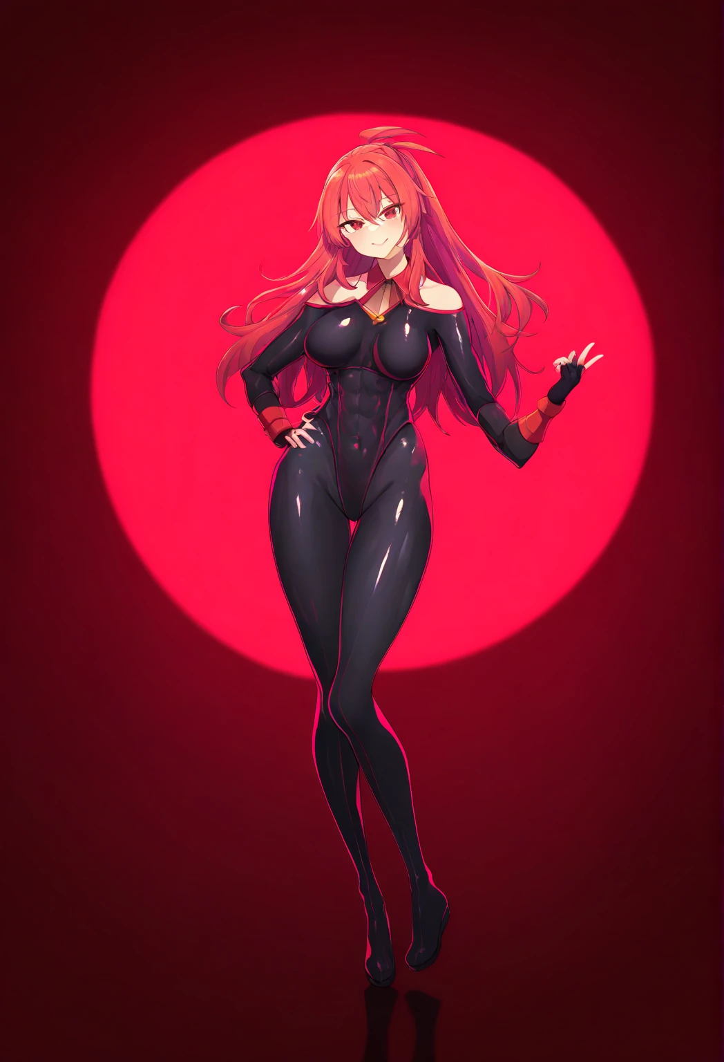 A striking woman inspired by Karin Uzumaki stands confidently, her vibrant red hair cascading around her shoulders. She has piercing red eyes behind her glasses and a curvaceous figure, accentuated by her ample chest. Clad in a form-fitting, tactical outfit, she exudes both intelligence and power. Her hands glow with arcane energy, ready to unleash her unique abilities. The atmosphere around her is tense, as she stands prepared to face any challenge with a sharp mind and powerful magic.