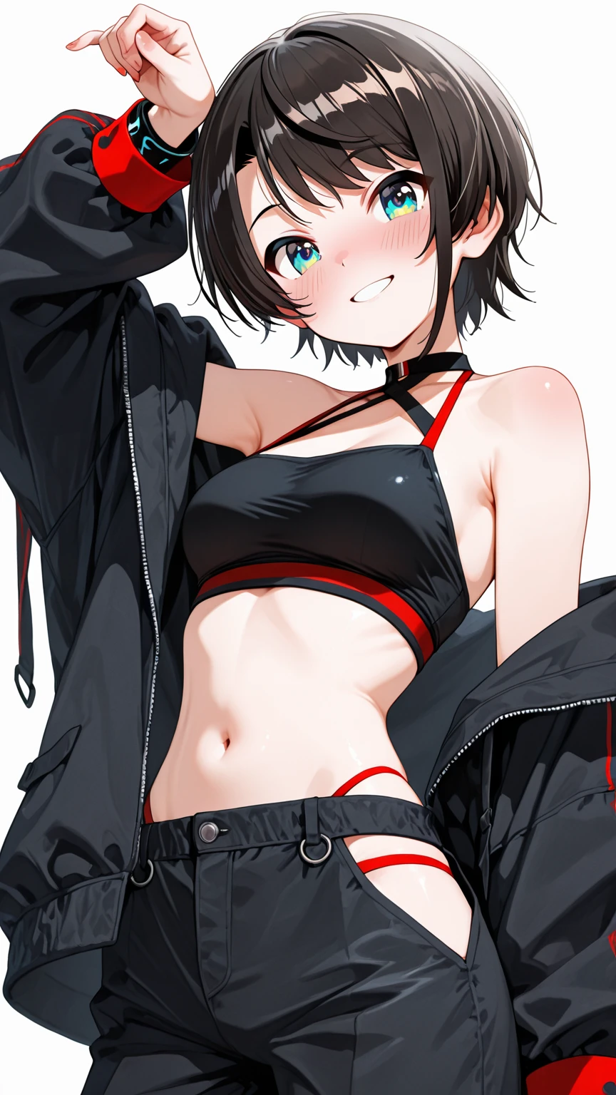 1girl, short black hair, tousled hair, messy hair, green eyes, red jacket, red and black jacket, white top, white tank top, white transparent top, sheer fabric, thin fabric, sheer top, transparent top, white transparent top, loose white top, downblouse, down blouse, no bra, pink nipples, hard nipples, erect nipples, poking nipples, belly, midriff, tomboy, boyish, masculine, androgynous, badass, sideboobs, sidebreast, sideboob, underboobs, armpit, armpits, ribcage, city, city background, black denim shorts, ripped jeans, unbuttoned shorts, unzipped pants, low-rise, looking at viewer, full body, raised arms, raised arm, tying hair, open mouth, short shorts, mound of venus, pubic mound, vagina, cameltoe, hot pants, cyberpunk, cyberpunk city, short shorts, mound of venus, pubic mound, vagina, cameltoe,  unbuttoned shorts, unzipped pants, low-rise, white top, white tank top, white transparent top, sheer fabric, thin fabric, sheer top, transparent top, white transparent top, loose white top, downblouse, down blouse, no bra, pink nipples, pulled down pants, lowrise, low-rise jeans, bottomless, no panties, nopan, open vagina, going commando, open crotch, ripped pants