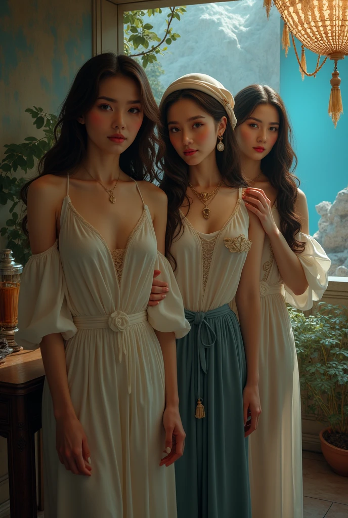 one girl tied up by another one with rope,(bright lighting,romantic setting),dreamy background,bondage,dark hair, mesmerizing gaze, , soft skin, alluring beauty, artistic portrait, high-quality image, vibrant colors, long silk gown, dressing room