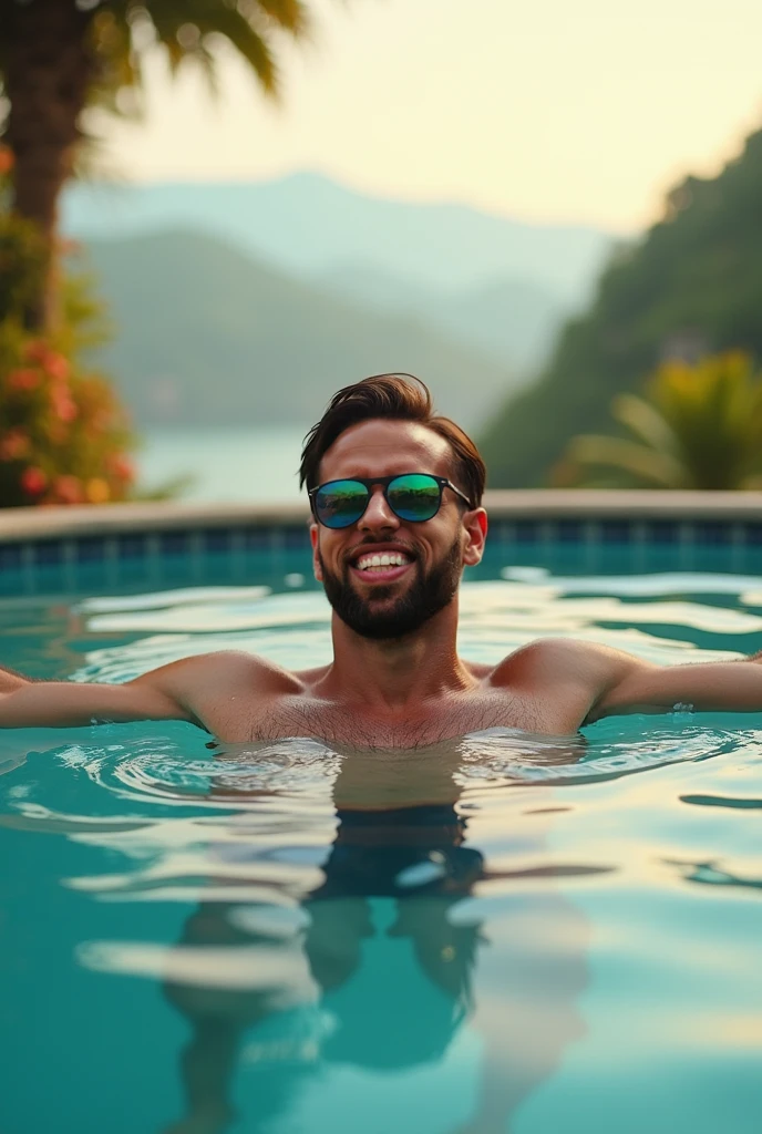 Create a hyper-realistic image of a man, it is very important that he does not have a beard, he must appear without facial hair. Approximately 2. The man has dark brown hair and a short haircut. He does not wear a beard and has a white skin tone. His physical features include a slightly broad forehead and an athletic build, with a height of 1.87 meters and a weight of 93 kg. Although he has muscle mass, he is not overly strong. The man is wearing sunglasses and is bathing in the water of a beach at sunset, submerged up to his chest. The water reflects the warm, golden tones of the setting sun, creating a calm and relaxing atmosphere. The perspective of the image should be as if taken from an iPhone 12, capturing realistic details and natural colors, with the sunset horizon and reflection in the water clearly visible. Make sure the image conveys a sense of serenity and realism.