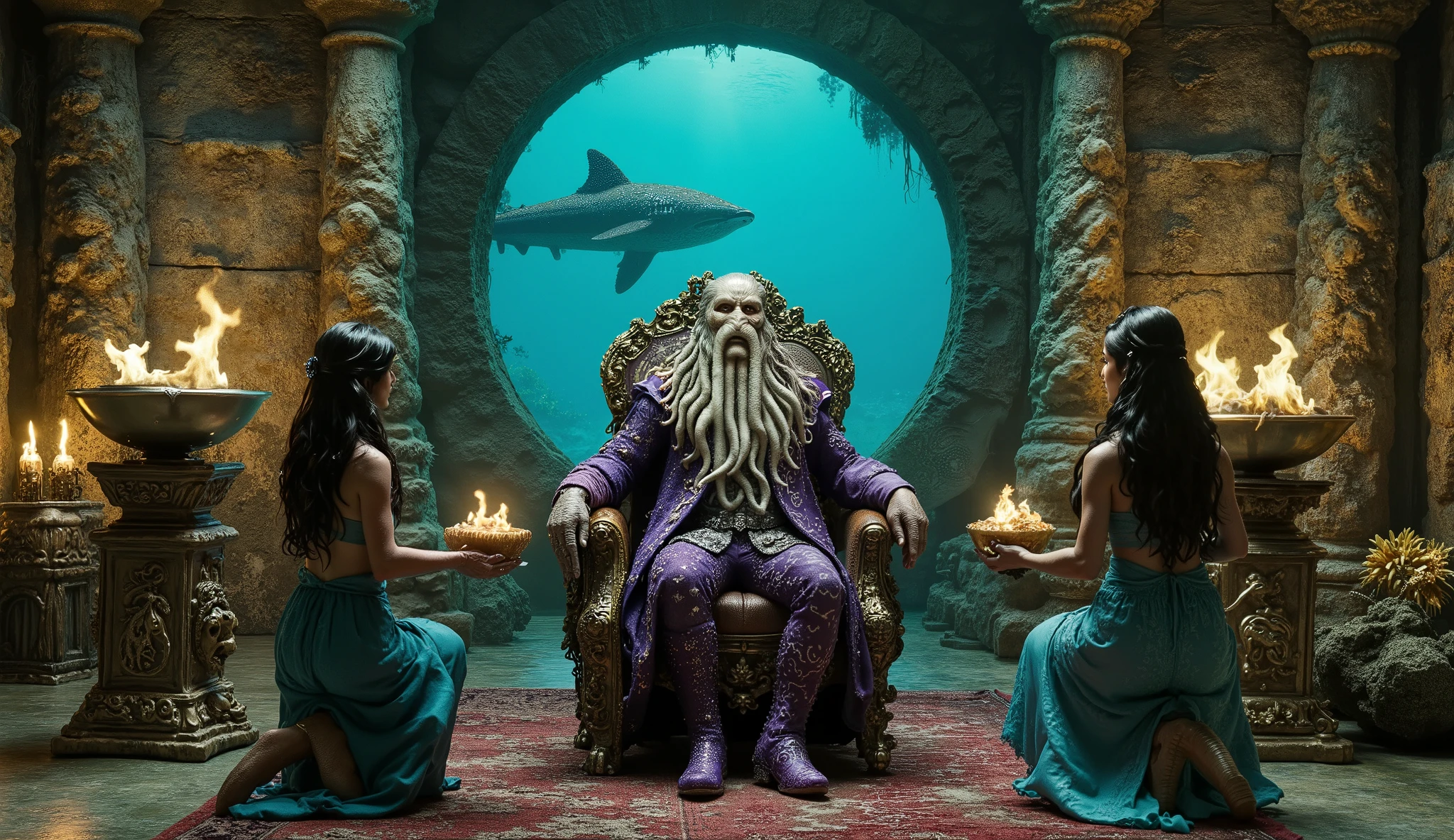 An ancient throne room, with antique stone pillars, einem Marmourboden, fire bowls on ancient wooden stands, a greyish Cthulhu sits on a golden throne with marine animal engravings, he wears a purple dressing gown with white mythical embroidery on the Edges, purple knee-high boots. Some dark-haired women kneel in front of him , blue collar with a silver ring on it, cropped blue silk harmen top, legless blue silk harem skirt , hold golden bowls. In the background is a huge round window where you can see a world of water with ancient ruins at the bottom of the sea and a hammerhead shark swimming in the water.