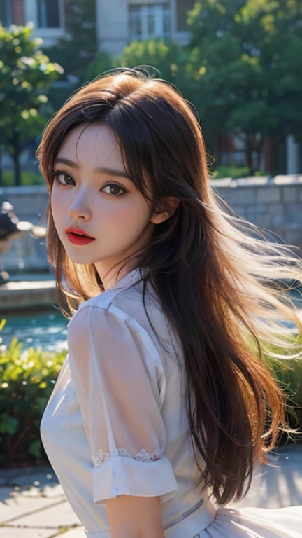 、(Highest quality,masterpiece:1.3,Ultra-high resolution,),(Ultra-detailed,Caustics),(Photorealistic:1.4,RAW shooting,)Ultra-Realistic Capture,Very detailed,High resolution 16K for human skin、 The skin texture is natural、The skin looks healthy、Woman,Japanese,,cute,Black-haired,long-length hair,(Depth of written boundary、chromatic aberration、、Wide range of lighting、Natural Shading、)、(Hair swaying in the wind:1.2)、22 years old、Fresh clothes、garden、twilight