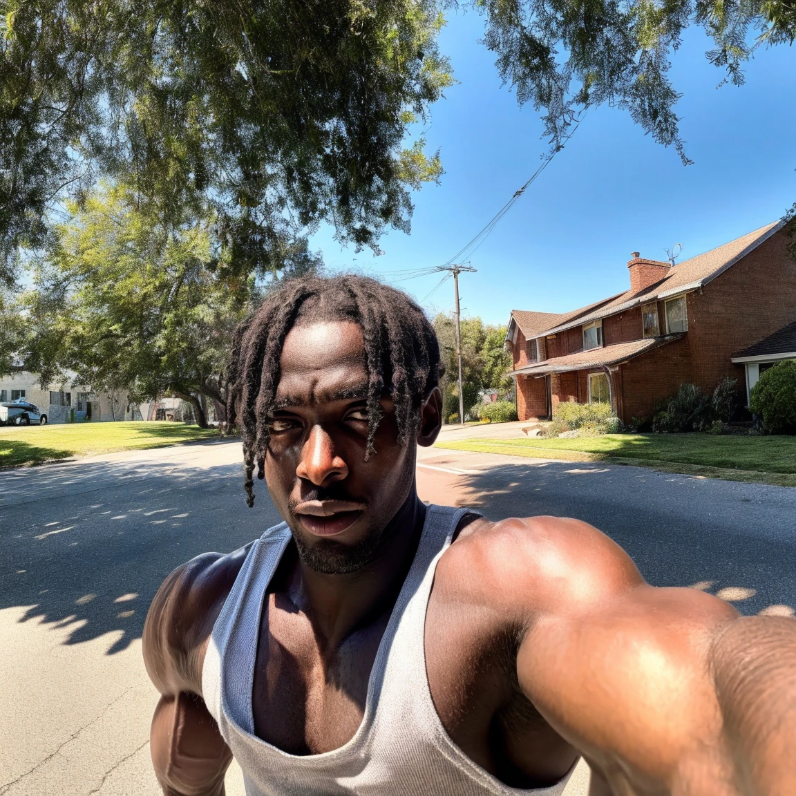  (K1ngabdul), african male, muscle, fitness, dark skin, black, fit, 1boy, facial hair, male focus, dark skin, solo, realistic, dark-skinned male, beard, photo background, road, tree, very dark skin, outdoors, tank top, day, black hair, street, smile, muscular, house, sky, RAW, hyper detailed photorealistic, life-like, accurate, proportional, sharp focus, (accurate cinematic lighting), photorealistic detail, (selective focus:0.6)   photo of perfect eyes, large biceps (point of view)