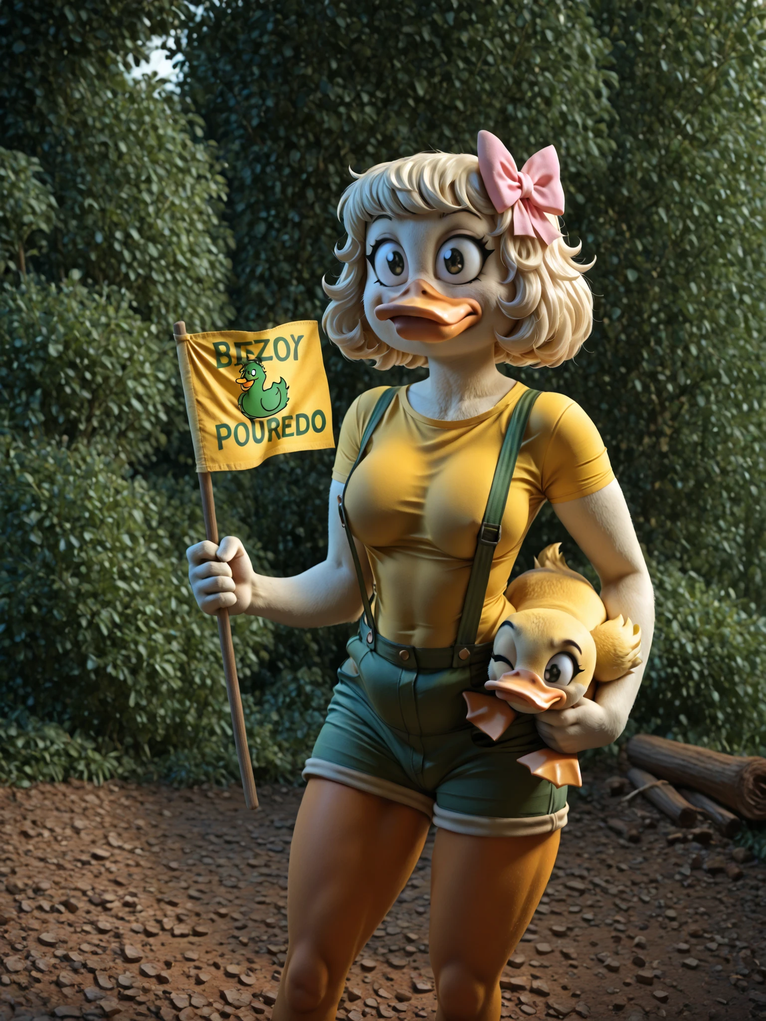 ((by_drockdraw));((Webby_Vanderquack));((zooanthropomorphic duck)); ((1girl)); com cabelo branco, small pink ribbon on the top of the head, wearing green suspenders with a yellow shirt, medium breasts, sexy, rosto redondo, bico pequeno, carrying the flag of Brazil