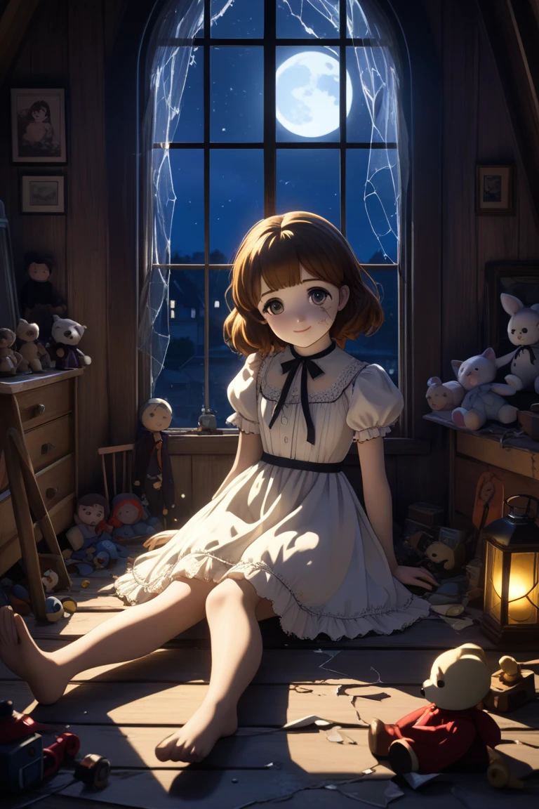marlier, 
1girl, brown hair, sitting, indoors, pillow, bed, ghost, lamp,
<lora:Marcelmarlier-04:0.85>
