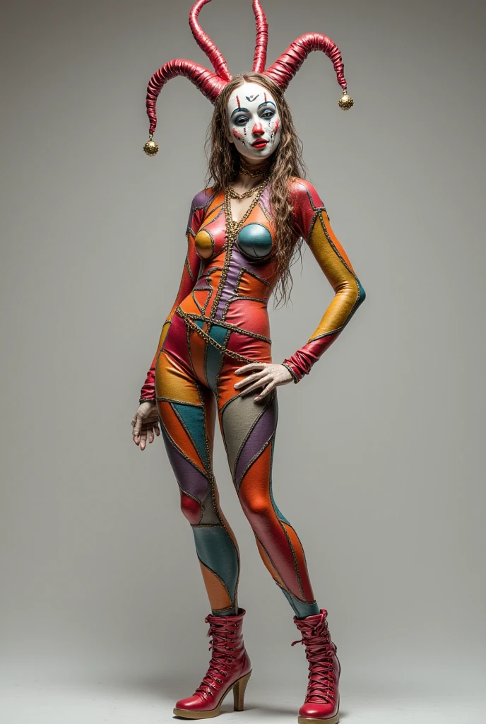 clown full face rubber mask、Female、Jester、Jester in bikini、Jumpsuit、Sculpture,石膏Sculpture,full body view、

