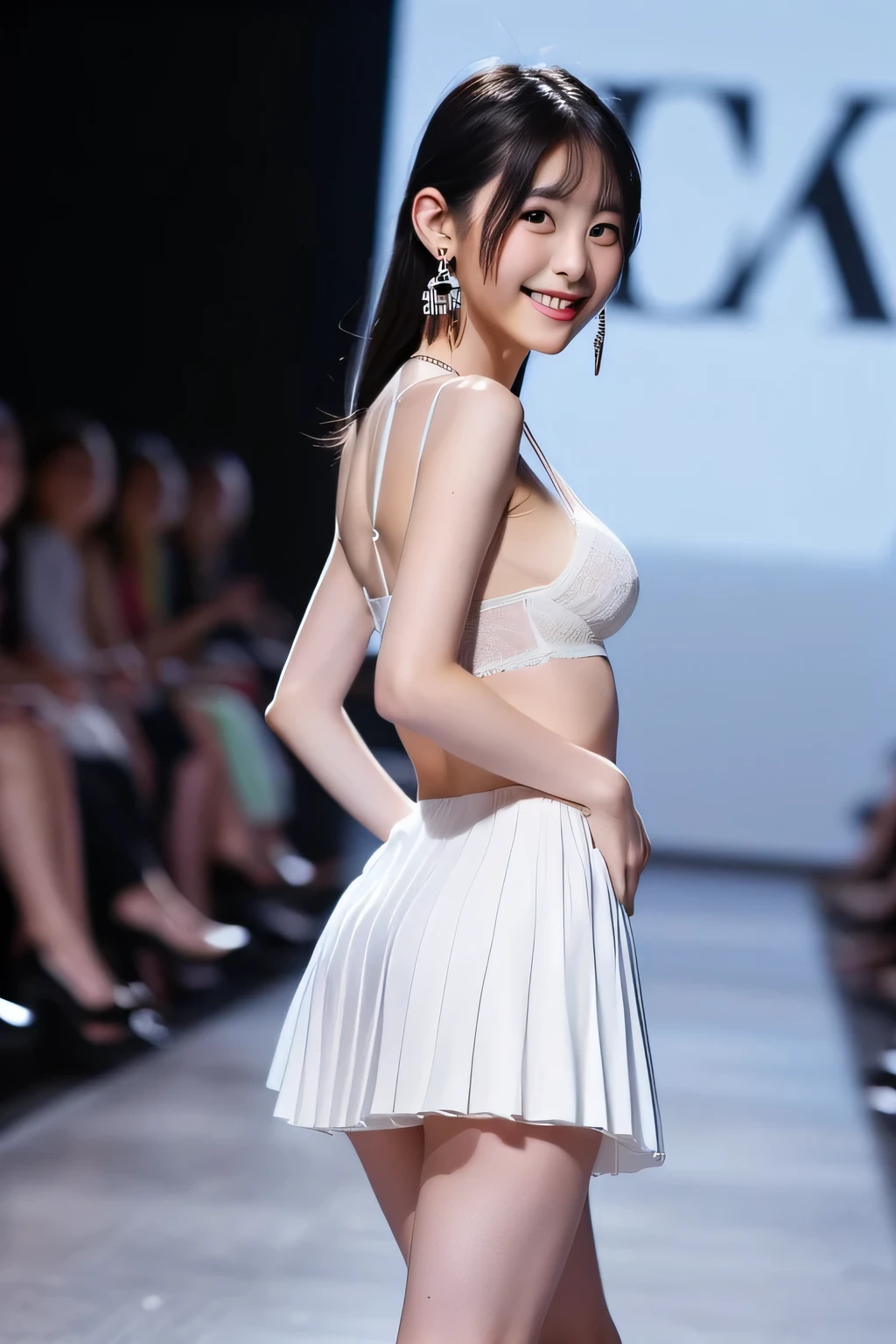 A live-action photo of an extremely beautiful Japanese high school girl race queen who highlights her large breasts and beautiful legs.、Photographed walking down the runway at a fashion show wearing the latest oysho lingerie.、She is an eternal idol who combines a clean look with modern charm.。 She creates such beauty。 She feels her own warmth。 She creates a warm atmosphere。 We create beauty。 That's what I want to say。 In her full body photo、The figure features porcelain-like skin and golden hair that radiates a soft glow.。 This is probably、It captured the essence of her timeless charm.、This is the best shot ever.。 Each straight line and curve is carefully expressed.、Breathtakingly beautiful with impeccable detail。 This piece perfectly captures her timeless beauty.。 Divine Proportions、Sharp focus、Full-body photo taken by Kishin Shinoyama、high quality、High resolution、Detailed Background