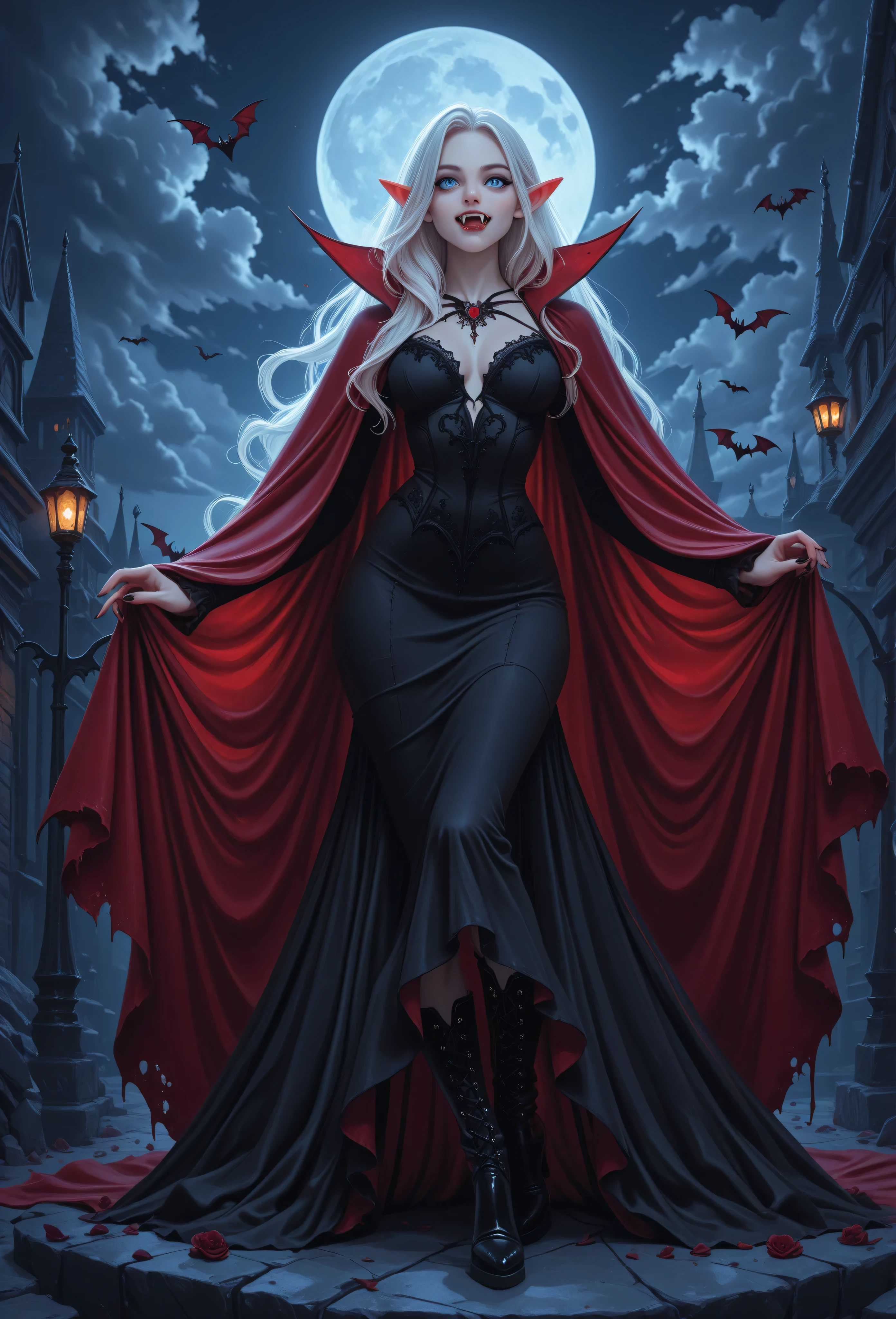 score_9, score_8_up, score_7_up, portrait of a vampire, elf (Masterpiece, best quality), ultra feminine, with a long curvy hair, light color hair, blue eyes, ((beautiful delicate face)), Ultra Detailed Face,vampiric fangs, red cloak , flowing cloak, wearing an intricate black dress, high heeled boots, fantasy art, gothic art, full body, best details, highly detailed, best quality, highres, fantasy urban background at night, moon light, clouds, gothic atmosphere, soft light, dynamic light, high details, best quality, 16k, ultra detailed, masterpiece, best quality, (extremely detailed), dynamic angle, vampire, fangs, 3DMM0.6