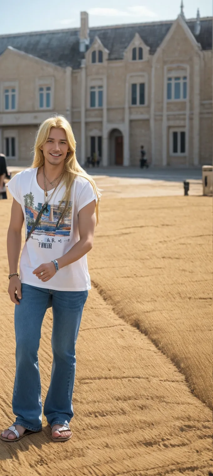 A handsome man with long blond hair wearing a white shirt and slightly unbuttoned clothing、Handsome man、The background is a castle、Full body portrait、From the tips of the feet to the head