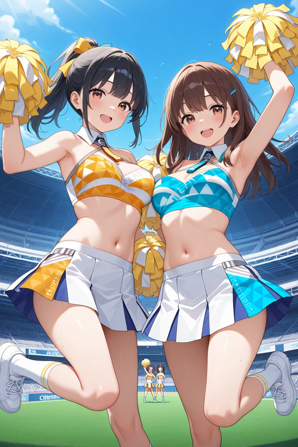 (masterpiece, best quality), best resolution, (3heads:1.5), 1girl, cheerleader, black hair, blue eyes, open mouth, energetic, cheery, black and gold cheerleader outfit, cheering pose, huge breasts, football stadium, night
