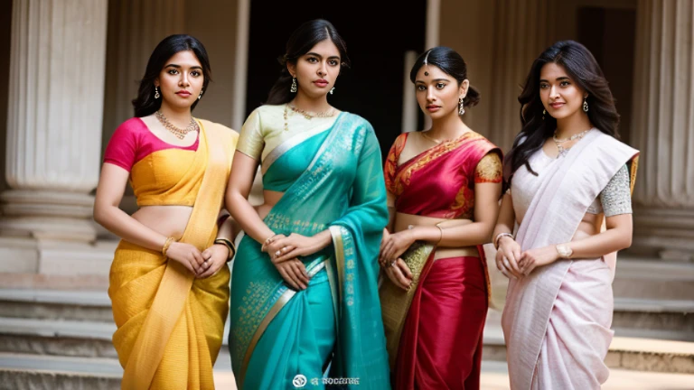 A colorful image featuring four women dressed in traditional Indian attire, specifically lehengas with matching blouses and dupattas in shades of red, yellow, and green. They are adorned with traditional jewelry. Two women in the center are holding large bottles. The background is a textured beige, and large stylized Hindi text is displayed prominently at the bottom. The overall look is vibrant and celebratory.