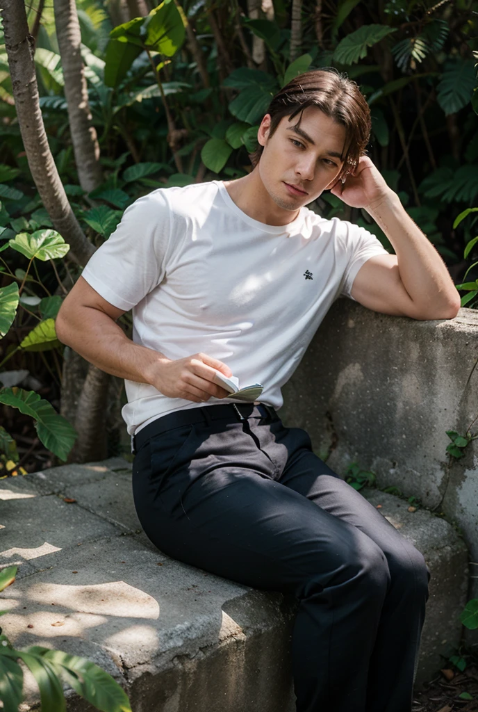 male, 20-year-old boy, Iris, Slickback, Sleeveless clothing, Full body photo, Turn your head towards the camera, parking, Dense forest, Tank top showing muscles,dance,cool