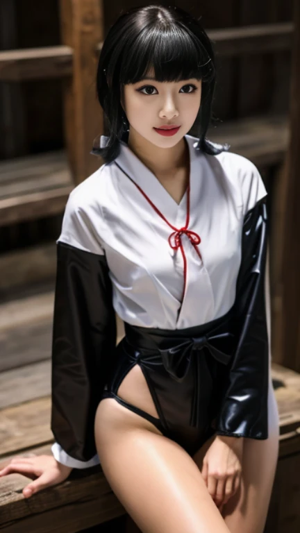 one woman,shirt,thong,spread legs,posing,,plump body,cute face,beautiful face,double eyelid,glare at,short hair,black hair,black eyes,from below,evening,shinto shrine,mysterious,high quality,photorealistic,japanese,beautiful woman,boyish,gravure,fashionable,fashion model