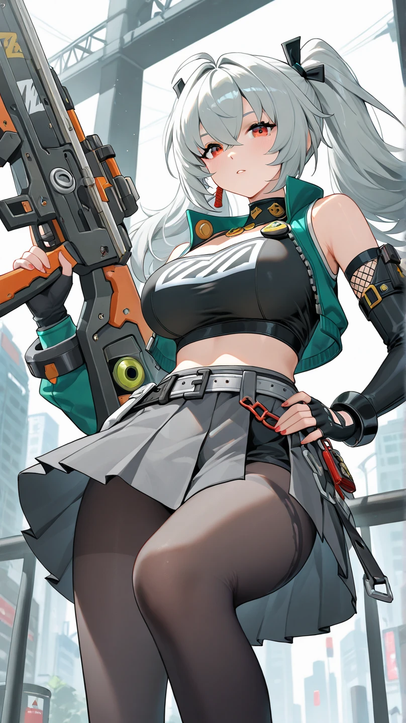 girl wearing black punk style clothes with gun to head, cowboy shot, (expressionless, constricted pupils, crazy eyes:1.2), mint green hair, twin braids, white beret, green eyes, eyeshadow, (glowing eyes:0.7), gun, holding gun, incredibly absurdres, 8k wallpaper, large breasts, cleavage, sideboob, amazing details <lora:gun2headPose_gun2headv3final:1>