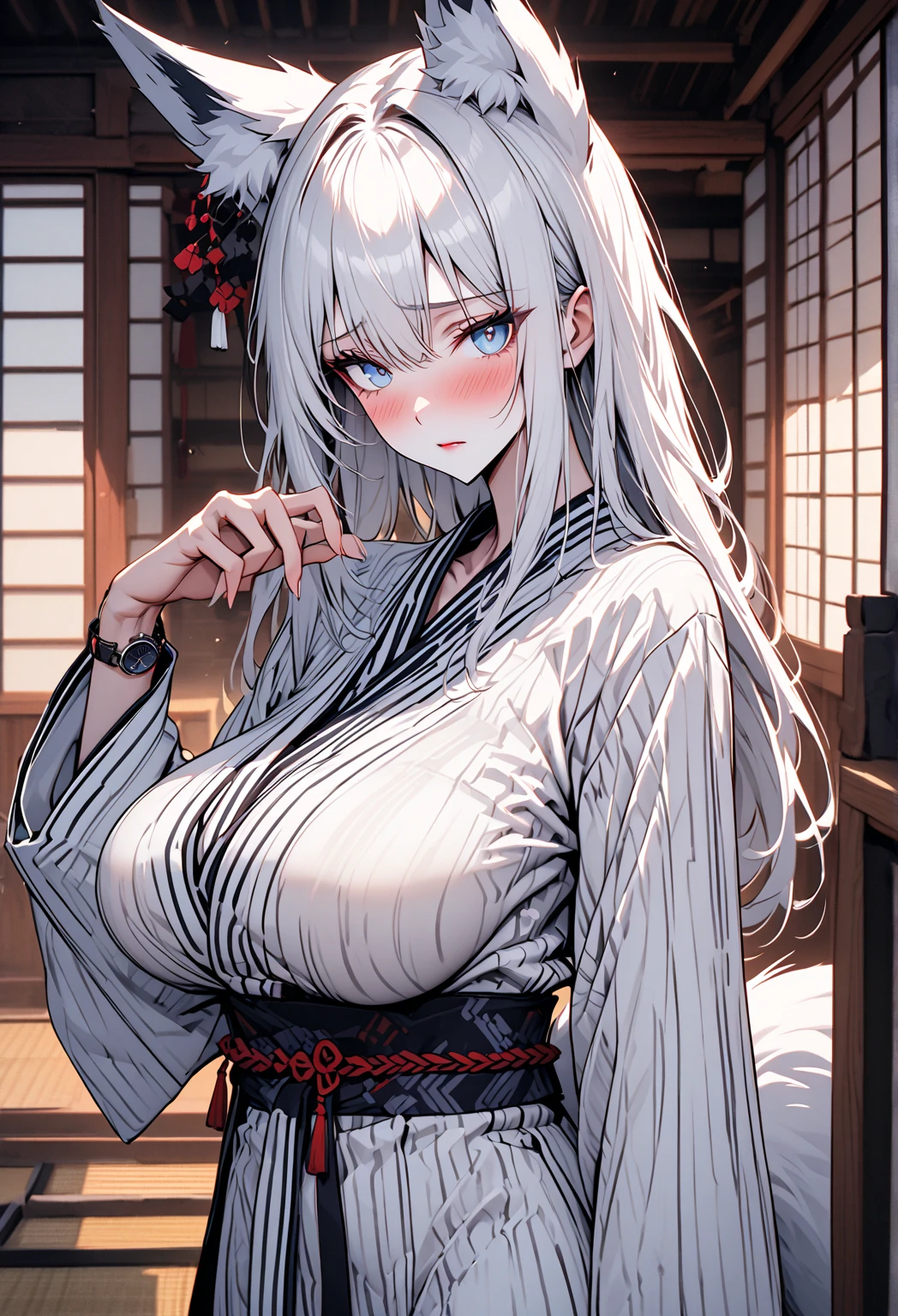 masterpiece、highest quality、High resolution、high quality images、8K, 1 female、skin luster、skin texture、Expression of fine eyes、Girl with long braided hair, realism, Detailed manga style, manga art style, perfect line drawing, beautiful line drawing, digital manga art girl, 
(beautiful golden eyes:1.5), Clear, beautiful eyes、plump lips, Detailed gorgeous face, (cute smile), charm, Front view, (perfectly detailed face), (fine hands) 、(Five fingers:1.3)、photorealistic images, Depth of written boundary, face forward  , romanticism、(Taisho Era、japanese black and golden kimono:1.5)、(large breasts:1.35)、blush、(white Hair:1.3)、Gorgeous blue sparkling earrings、Gorgeous gold bracelet、Gorgeous gold anklets、(oblong face:1.5)、(Sparkling Glitter:1.2)、Bangs between the eyes、(portrait:1.6)
Graceful、(Hands should be hidden behind the body:1.4)、Hairpin:1.3、(Woman looking at Earth from a spaceship window:1.3)、sit in the cockpit of a spaceship