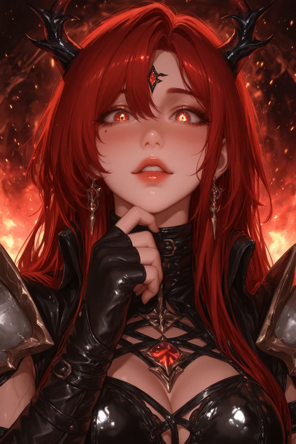 1girl, detailed face, beautiful detailed eyes, beautiful detailed lips, extremely detailed face and eyes, long eyelashes, red eyes, fire witch, blood on face, flying hair, cleavage, navel, wide hips, light particles, lightning rays, colorful, high contrast, vampire, smirk, evil smile, psychopathic smirk, psychopathic smile, tilted head, dark fantasy, dramatic lighting, supernatural, moody, cinematic, vibrant colors, volumetric lighting, dramatic atmosphere, intricate details, masterpiece, best quality, 8k, high resolution, hyper detailed, photorealistic