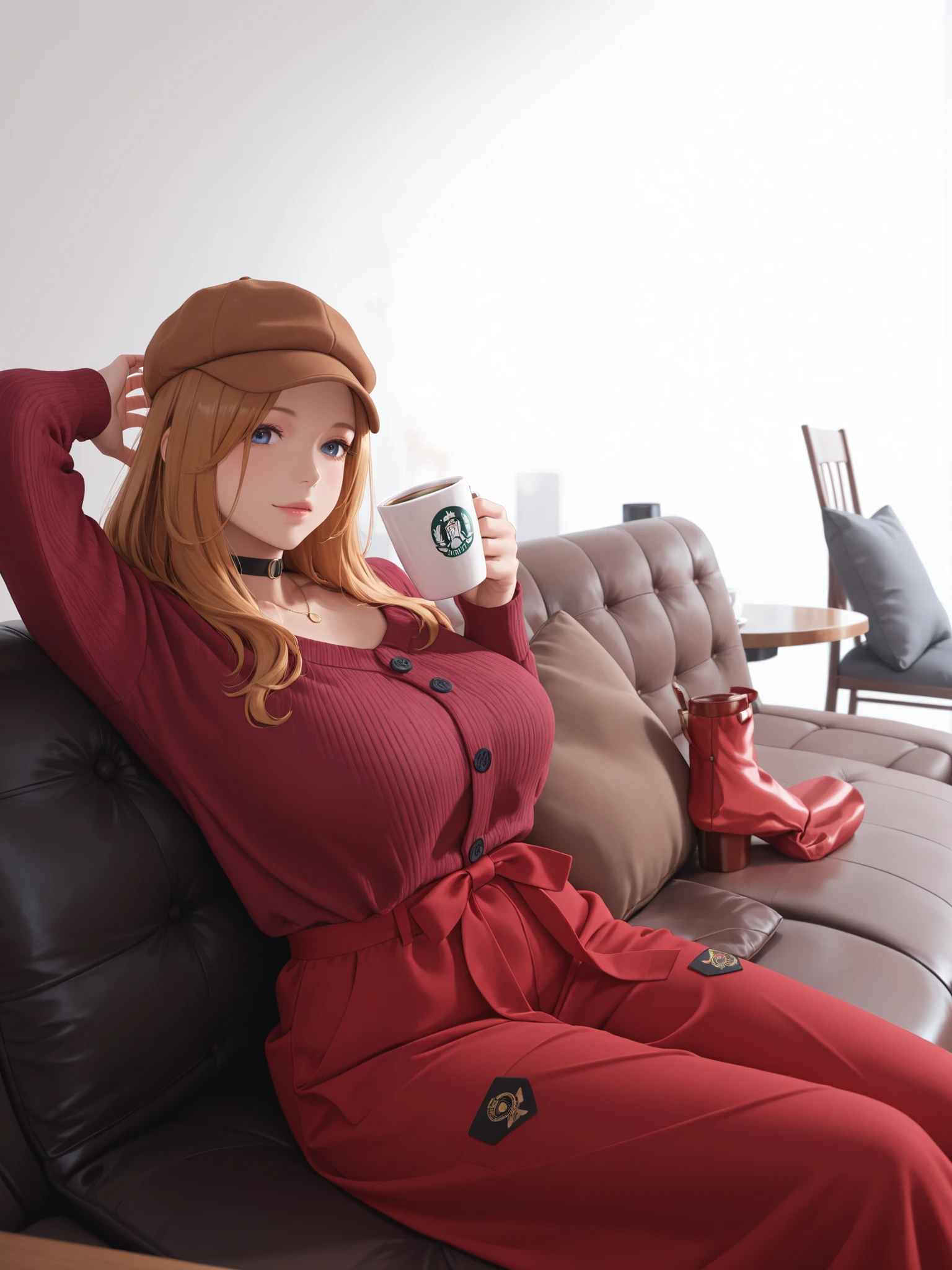 (masterpiece), (best quality), (ultra-detailed), ((masterpiece)) ((best quality)) ((ultra-detailed)) there is a woman sitting on a counter with a cup of coffee, imvu, second life avatar, late morning, inspired by Rowena Meeks Abdy, morning time, morning coffee, morning glow, sitting on a mocha-colored table, detailed scene, orange skin and long fiery hair, secondlife, elegant pose, inspired by Esaias Boursse