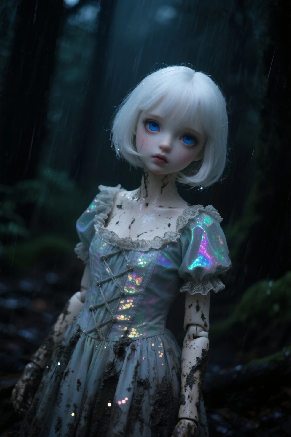 A girl with platinum blonde hair wears a buttoned-up shirt paired with a black and white mini skirt.,White skin, with a necklace containing magical energy around her neck and a green spider lily tattoo on the back of her left hand., Jet black eyes