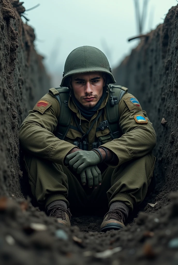 Argentine soldier fighting in a trench with a flag. 
