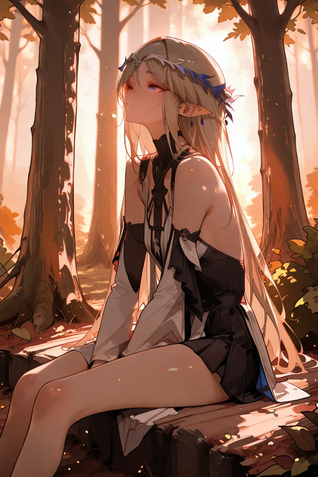 masterpiece, best quality, 1girl, white hair, long hair, long white-haired female elf wearing light armor, sitting on a tree branch watching the sunset, digital art