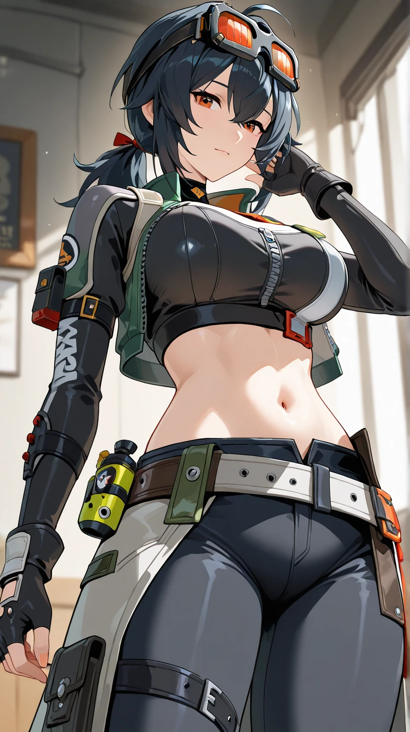 anatomically correct, best quality, masterpiece, high quality, high details, highres, HD, (shaded face:1.2), hollow eyes, brown eyes, looking at viewer, heavy breathing, smirk, upper teeth, black hair, short hair, necklace, cropped hoodie, black bikini, long sleeves, navel, a woman holding a sword, concept art, by Yang J, anime girl, stair background, from girls frontline, stanley artgerm lau