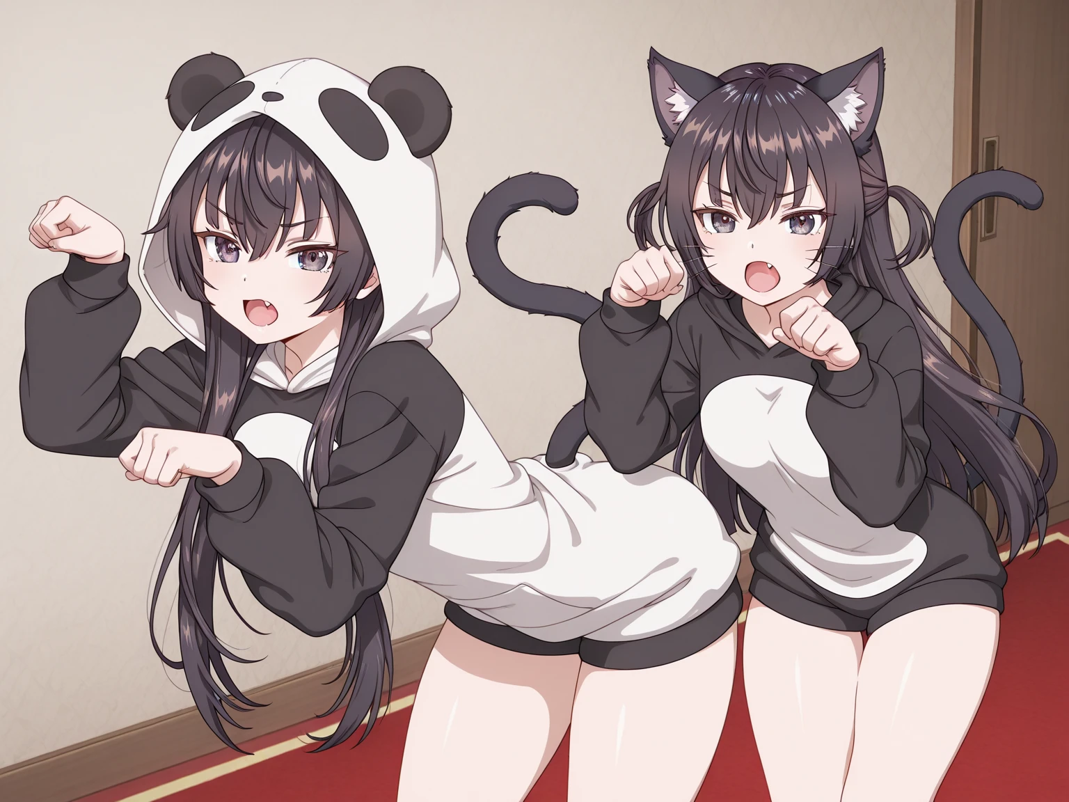 (highest quality, masterpiece, High resolution)、(anime art)、19 years old, large breasts, triple D cup breasts, round buttocks, bubbly buttocks, wide hips, bubbly ass, fit and strong, slender body,、soft light、two girls、black hair、Black cat costume、White Cat Costume、Tabby cat costume、Striped cat costume、Persian Cat Costume、(3-color cat costume)、(loose t-shirt)、loose shirt、off shoulder、sexy mini dress、(Cat ear)、bob cut、semi-long、bun hair、hair ornaments、choker、Cute face details、enchanting smile、small breasts、whole body、(cat pose)、((crawl on all fours))、beckoning、playing、dance、Cat jarashi、Crackers popping、 Decoration、((white background))、